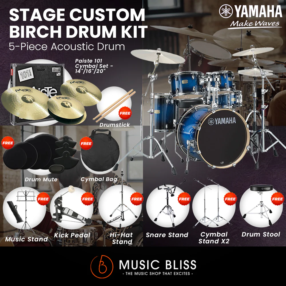 Yamaha Stage Custom Birch Shell Pack with Cymbal Set and Hardware Pack - 22" Kick - Deep Blue Sunburst - Image 5