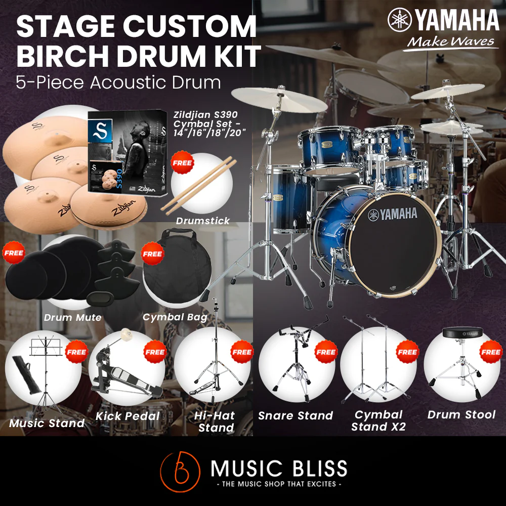 Yamaha Stage Custom Birch Shell Pack with Cymbal Set and Hardware Pack - 22" Kick - Deep Blue Sunburst - Image 6