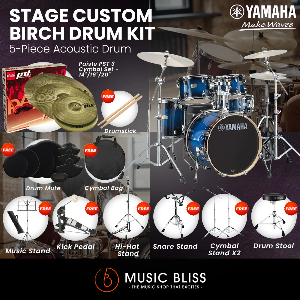 Yamaha Stage Custom Birch Shell Pack with Cymbal Set and Hardware Pack - 22" Kick - Deep Blue Sunburst - Image 7