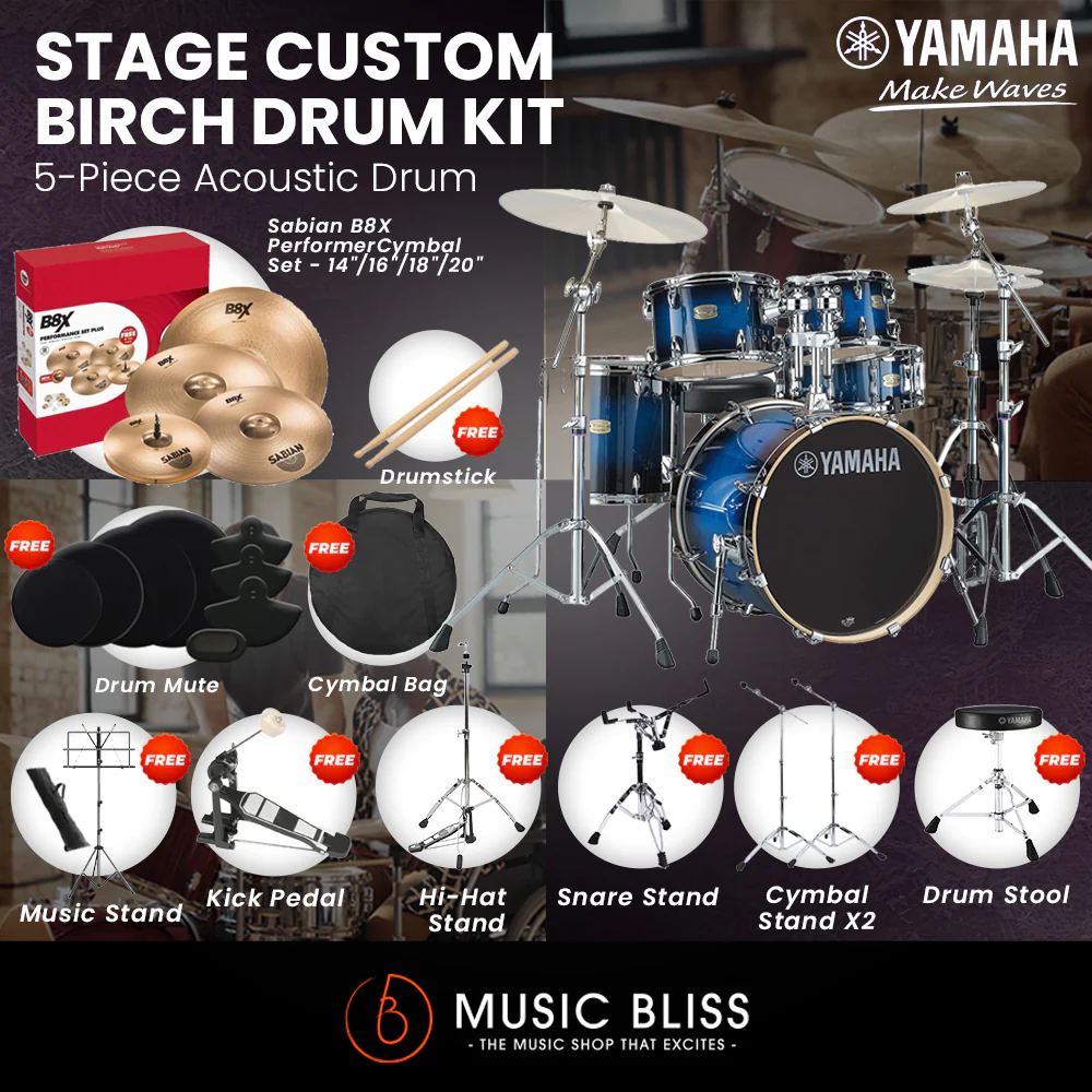 Yamaha Stage Custom Birch Shell Pack with Cymbal Set and Hardware Pack - 22" Kick - Deep Blue Sunburst - Image 8